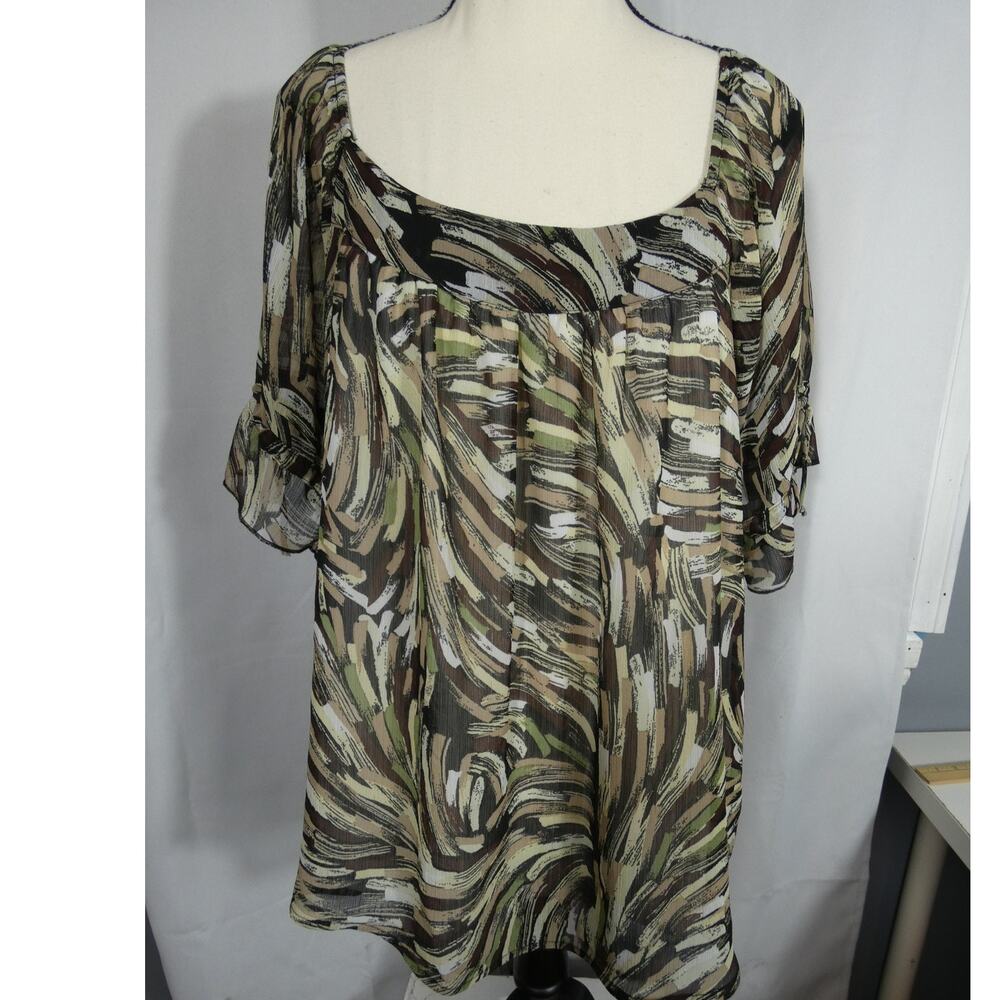 Allison Morgan XL Artsy Sheer Blouse Short Sleeves Lined Scoop Neckline